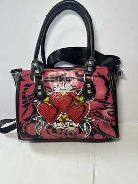 Ed Hardy Red and Black Heart Graphic Satchel